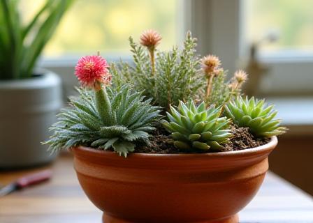 A collection of varied cacti and succulents in a terracotta pot